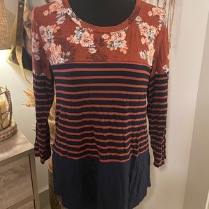 Long Sleeve Color Block Striped Floral Blouse